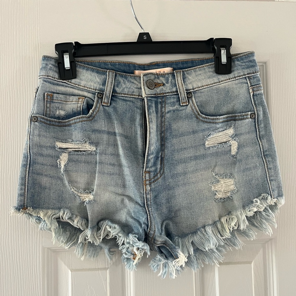 Eunina Blue Distressed Jean Shorts with Frayed Hem